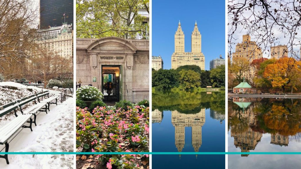 Collage de las 4 estaciones en Nueva York con línea de identidad Tiffany: invierno nevado, primavera en Bryant Park, verano soleado y otoño dorado.