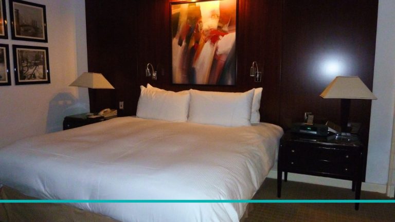 Interior de una habitación de lujo en el hotel Sofitel New York con una amplia cama king y decoración elegante en Manhattan.