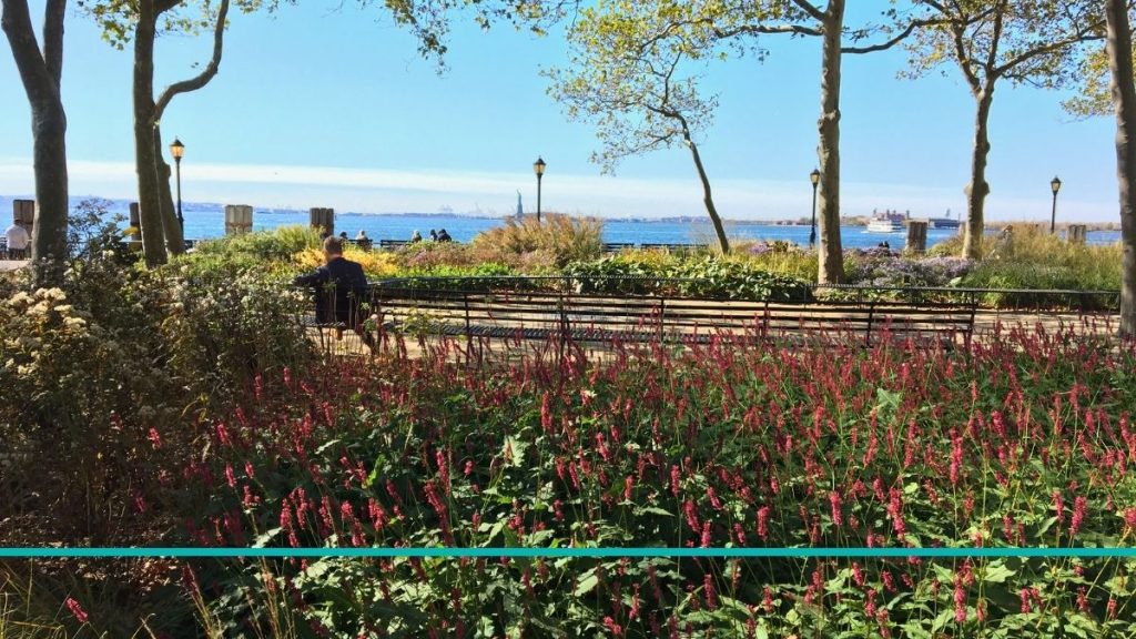 Battery Park del downtown Manhattan con vistas a la estatua de la libertad.