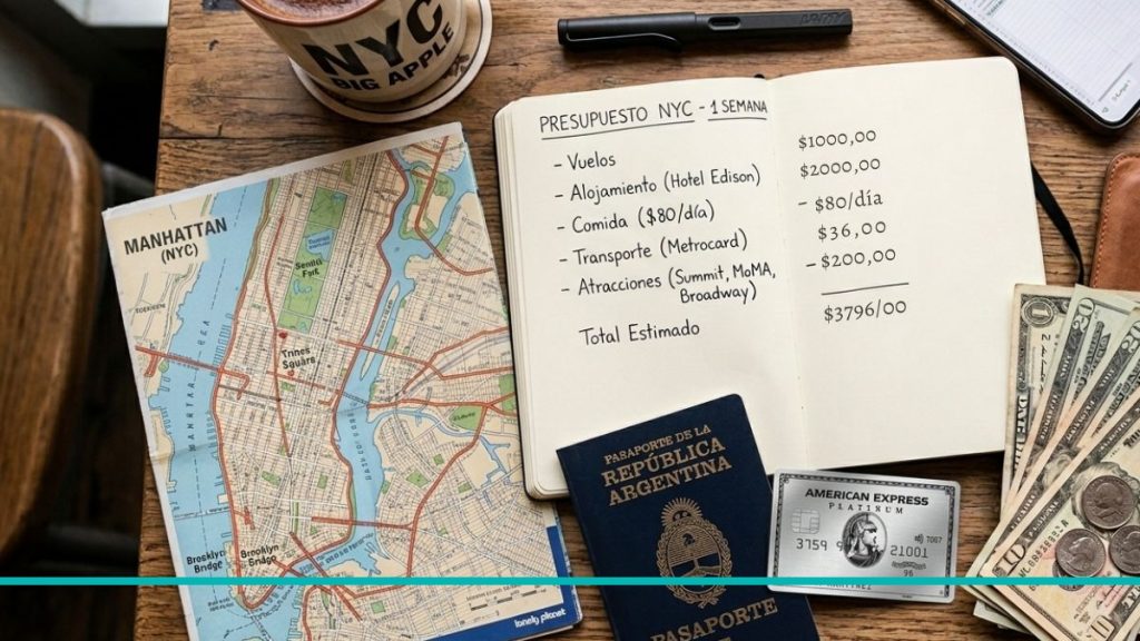 Plano cenital de un escritorio con un pasaporte argentino, una tarjeta American Express Platinum, billetes de dólar realistas, un mapa detallado de Nueva York y una libreta de notas con el título "PRESUPUESTO NYC - 1 SEMANA".