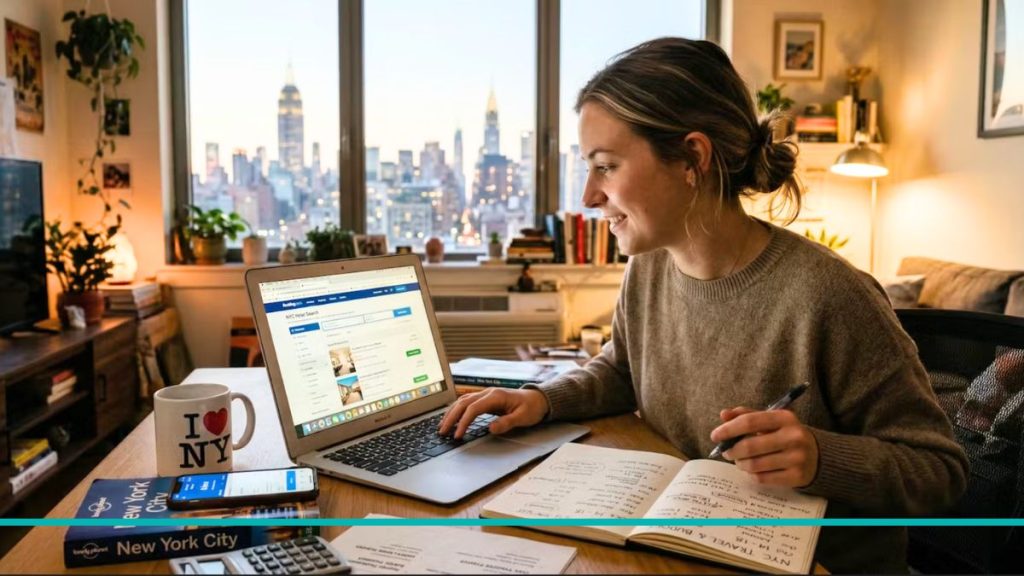 Mujer con computadora buscando alojamiento en Nueva York.