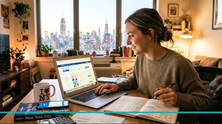 Mujer con computadora buscando alojamiento en Nueva York.