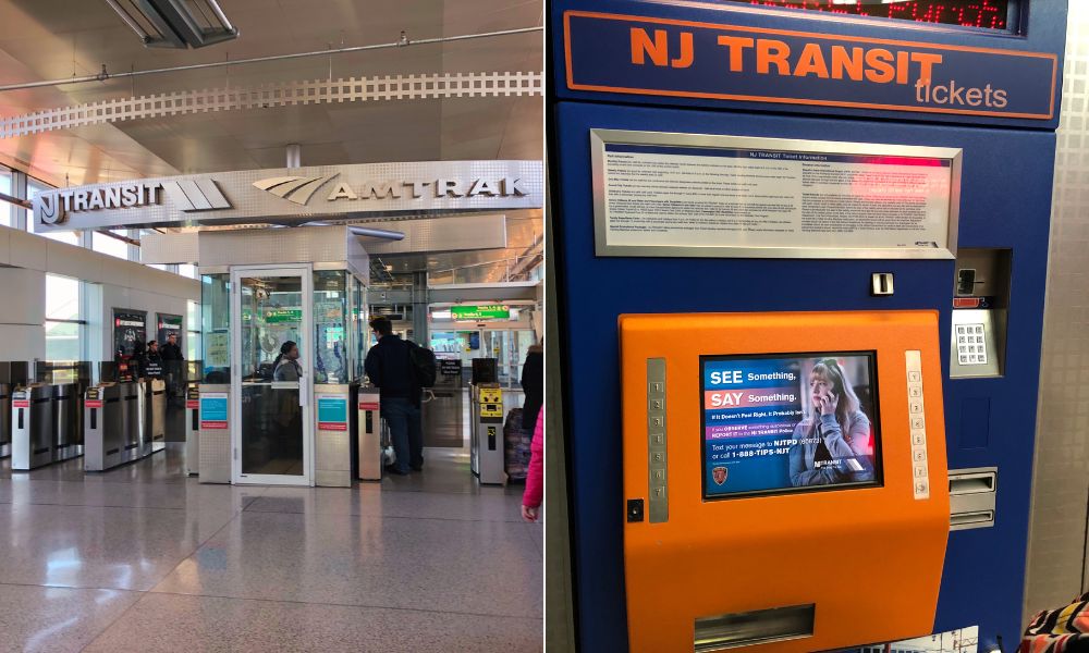 Díptico que muestra los andenes de la estación Newark Liberty International Airport y un primer plano de la máquina expendedora de boletos de NJ Transit.