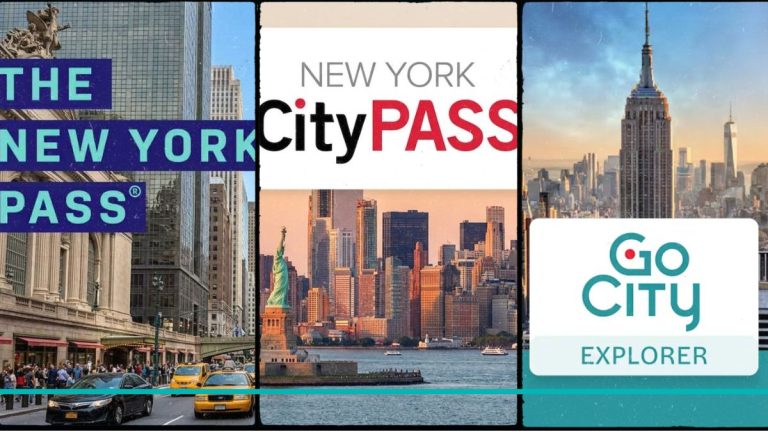 Composición de los tres pases de atracciones principales de Nueva York (New York Pass, Go City y CityPASS) para comparar precios y beneficios.