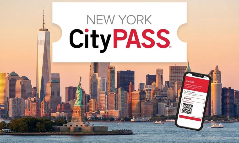 Pase digital NY CityPASS con imagen de skyline de NY y Estatua de la Libertad.