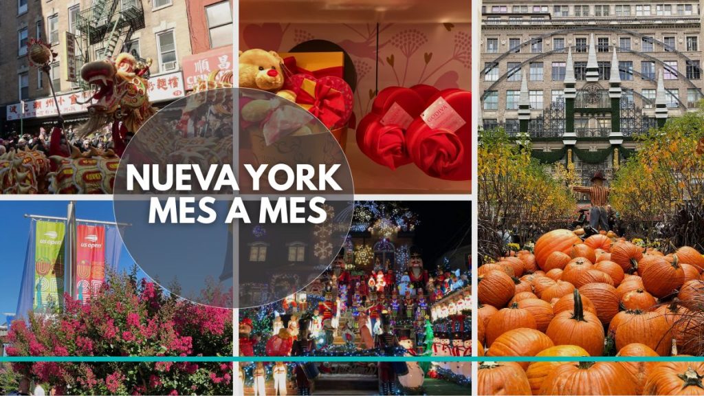 Collage de eventos en Nueva York que incluye el Año Nuevo Chino, San Valentín, Halloween, Navidad en Dyker Heights y el torneo US Open, con el título Nueva York Mes a Mes.