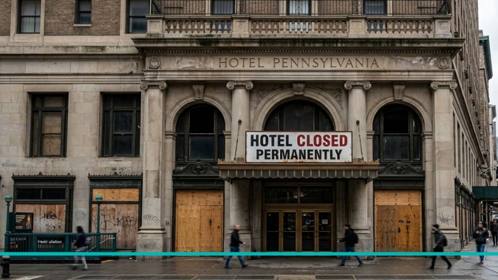 Fotografía horizontal de la fachada del histórico Hotel Pennsylvania en Nueva York. En el centro de la imagen, un cartel blanco nítido con letras negras en negrita dice 'CLOSED PERMANENTLY'. El entorno refleja la arquitectura clásica de Manhattan en un ambiente sereno.