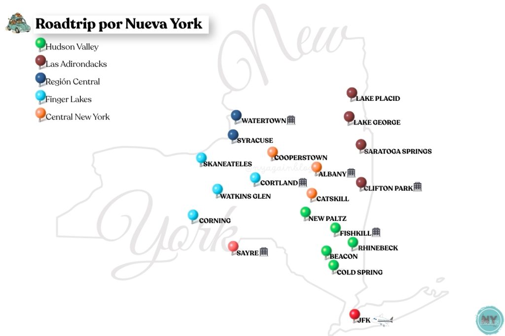 Mapa del Roadtrip de 7 días por el Estado de Nueva York.